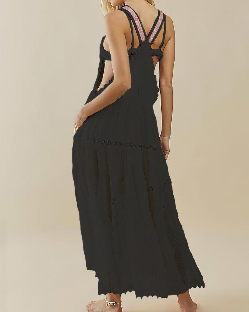ebossy Women's Laced Embroidered Tulle Bib Dress Casual Loose Adjustable Straps Maxi Dress (S, Black) - Image 2