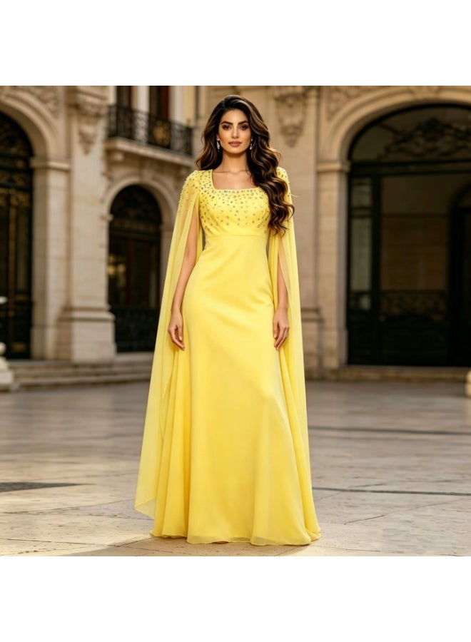 فستان سهرة نسائي أصفر فاتح مع شال شيفون فستان رسمي طويل بوليستر S-XL - Image 3