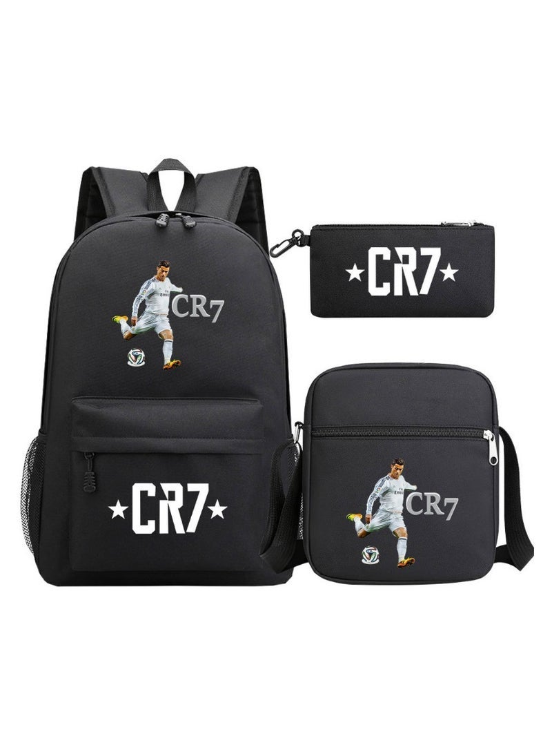 3-Piece Backpack, CR7 Ronaldo Print Backpack, Large Capacity Casual Backpack with Lunch Bag and Pencil Case for Boys and Girls Soccer Fans