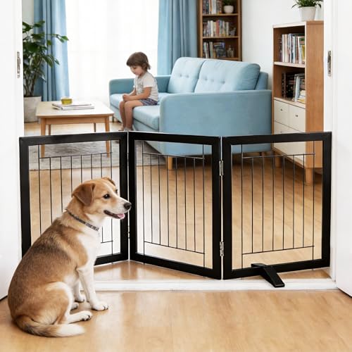 ZJSF Freestanding Dog Gate Indoor, Foldable Dog Fence for Doorways,Hallways or Stairs, Sturdy Wood Extra Wide Pet Gate with Support Feet,Black,24 "Height-3 Panels - Image 1