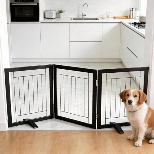 ZJSF Freestanding Dog Gate Indoor, Foldable Dog Fence for Doorways,Hallways or Stairs, Sturdy Wood Extra Wide Pet Gate with Support Feet,Black,24 "Height-3 Panels - Image 2