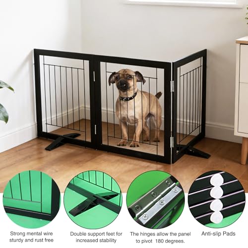 ZJSF Freestanding Dog Gate Indoor, Foldable Dog Fence for Doorways,Hallways or Stairs, Sturdy Wood Extra Wide Pet Gate with Support Feet,Black,24 "Height-3 Panels - Image 5