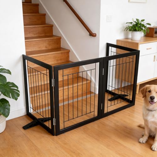 ZJSF Freestanding Dog Gate Indoor, Foldable Dog Fence for Doorways,Hallways or Stairs, Sturdy Wood Extra Wide Pet Gate with Support Feet,Black,24 "Height-3 Panels - Image 3