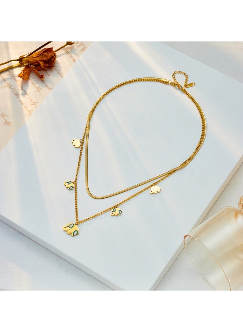 Stainless Steel Gold 2 Layer necklace snake back with Elephant Pendant