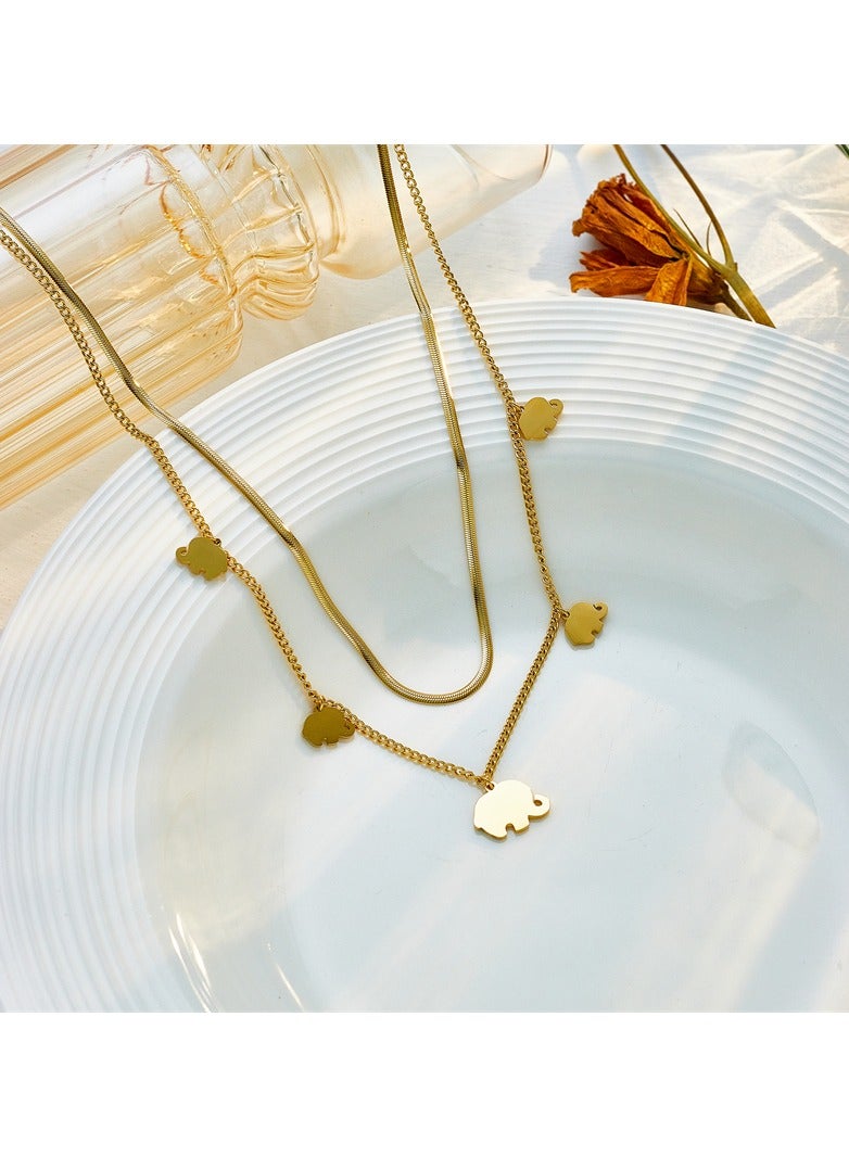 Stainless Steel Gold 2 Layer necklace snake back with Elephant Pendant