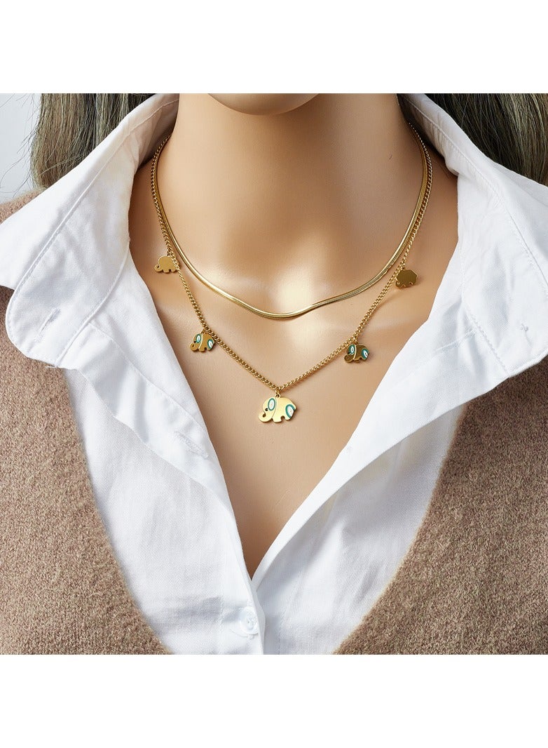 Stainless Steel Gold 2 Layer necklace snake back with Elephant Pendant