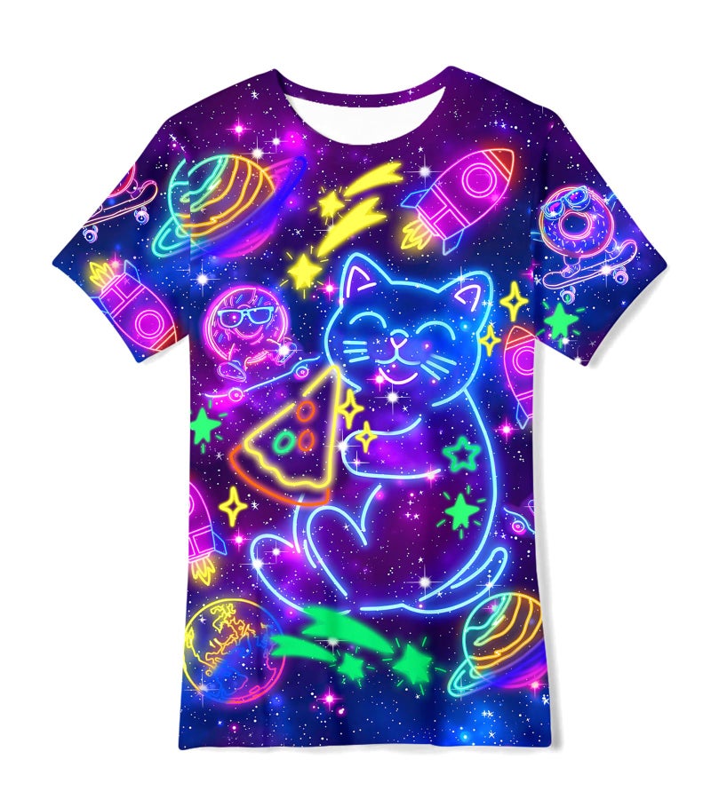 SunFocus Boys Neon Cat T-Shirt Size 10-12 Big Kids Rainbow Shirts Unisex Novelty Graphic Tops Tees Crew Neck Short Sleeve 9-12Y - Image 1
