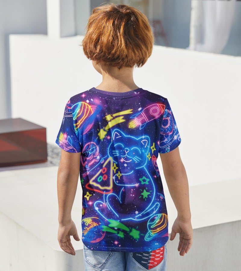 SunFocus Boys Neon Cat T-Shirt Size 10-12 Big Kids Rainbow Shirts Unisex Novelty Graphic Tops Tees Crew Neck Short Sleeve 9-12Y - Image 5