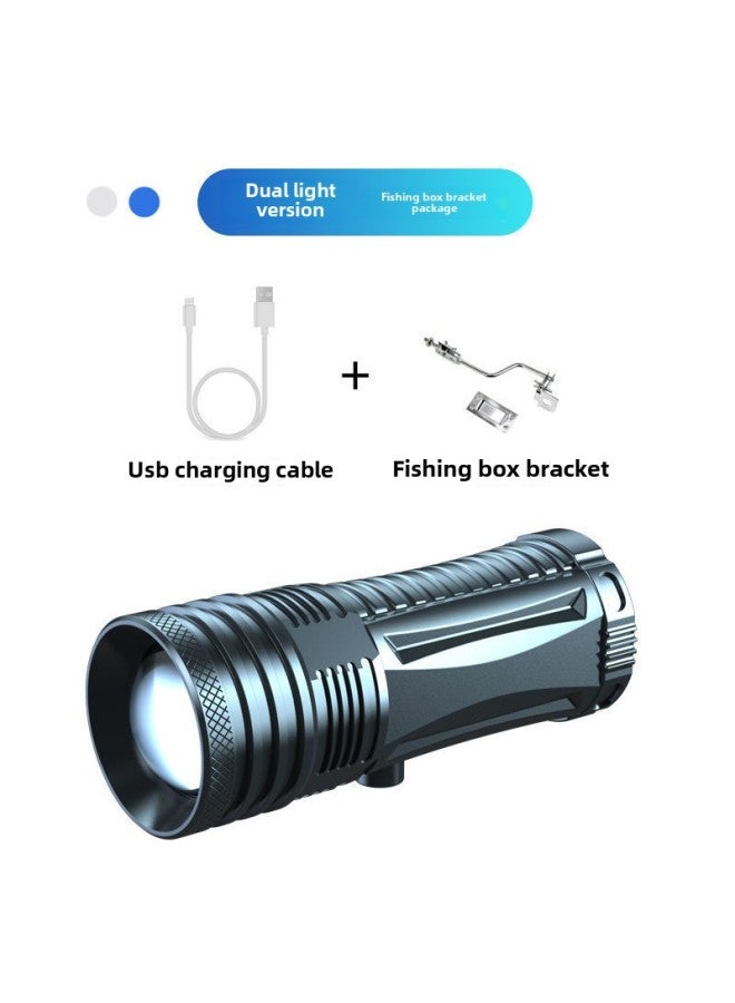 Four Light Source Fishing Lamp Night Fishing Lamp Blue Light Flashlight Strong Bright High Power Wild Fishing Night Light Wholesale-Product Specifications:Fishing Light + Data Cable + Fishing Box Bracket - Standby 20h (white + Blue - Dual Light Version) - Image 1