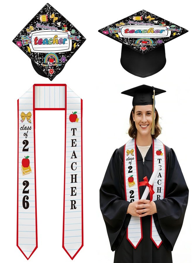 Jiytivity 2 Pcs Teacher Graduation Cap and Stole 2026 Graduation Set Pencil Honor Grad Stole Appreciation Gift for 2026 Congrats Grad College Teacher Educator Men Women - Image 1