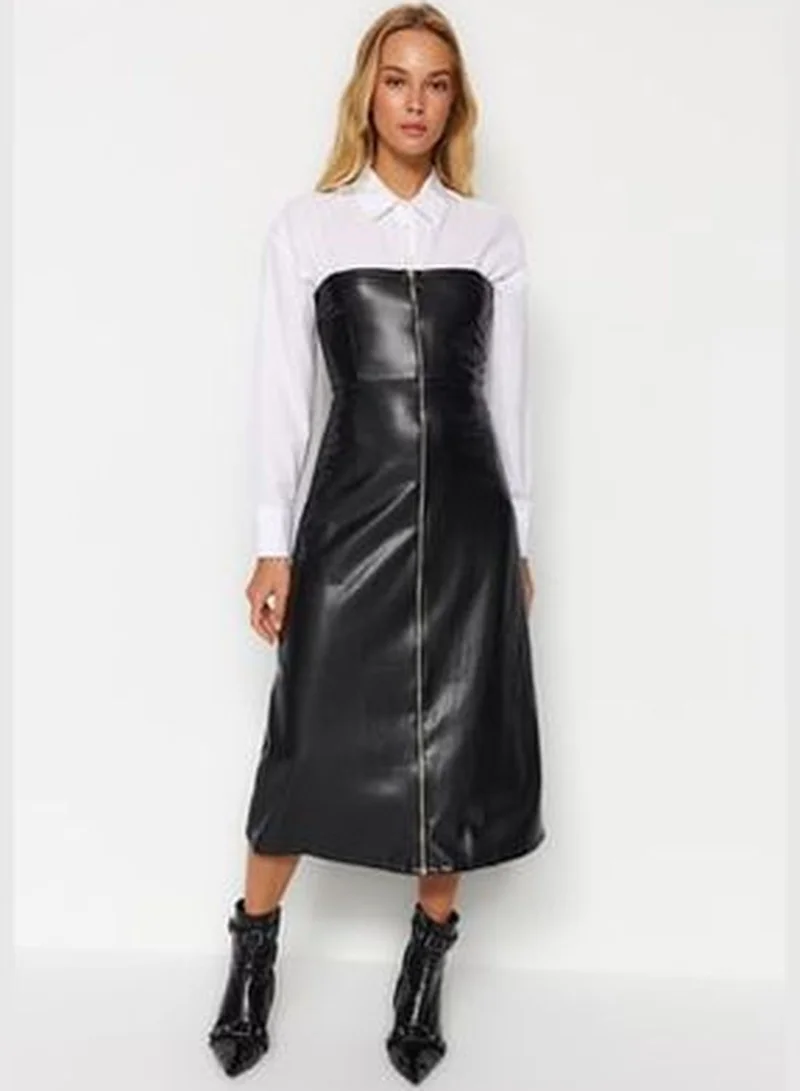 trendyol Black Rayon Faux Leather Strapless Front Zipper Midi Knit Dress TWOAW24EL00373