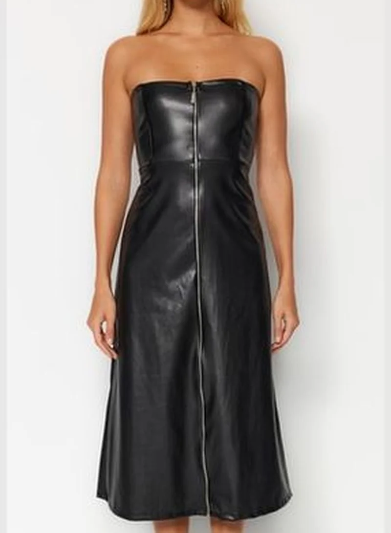 trendyol Black Rayon Faux Leather Strapless Front Zipper Midi Knit Dress TWOAW24EL00373