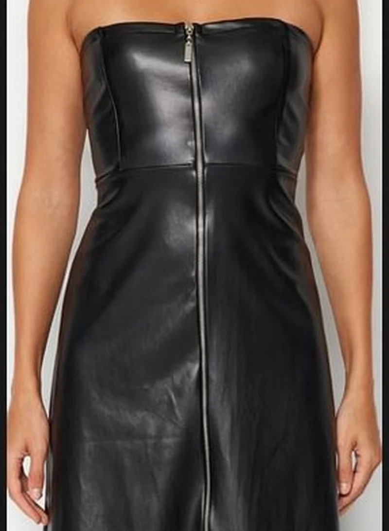 trendyol Black Rayon Faux Leather Strapless Front Zipper Midi Knit Dress TWOAW24EL00373