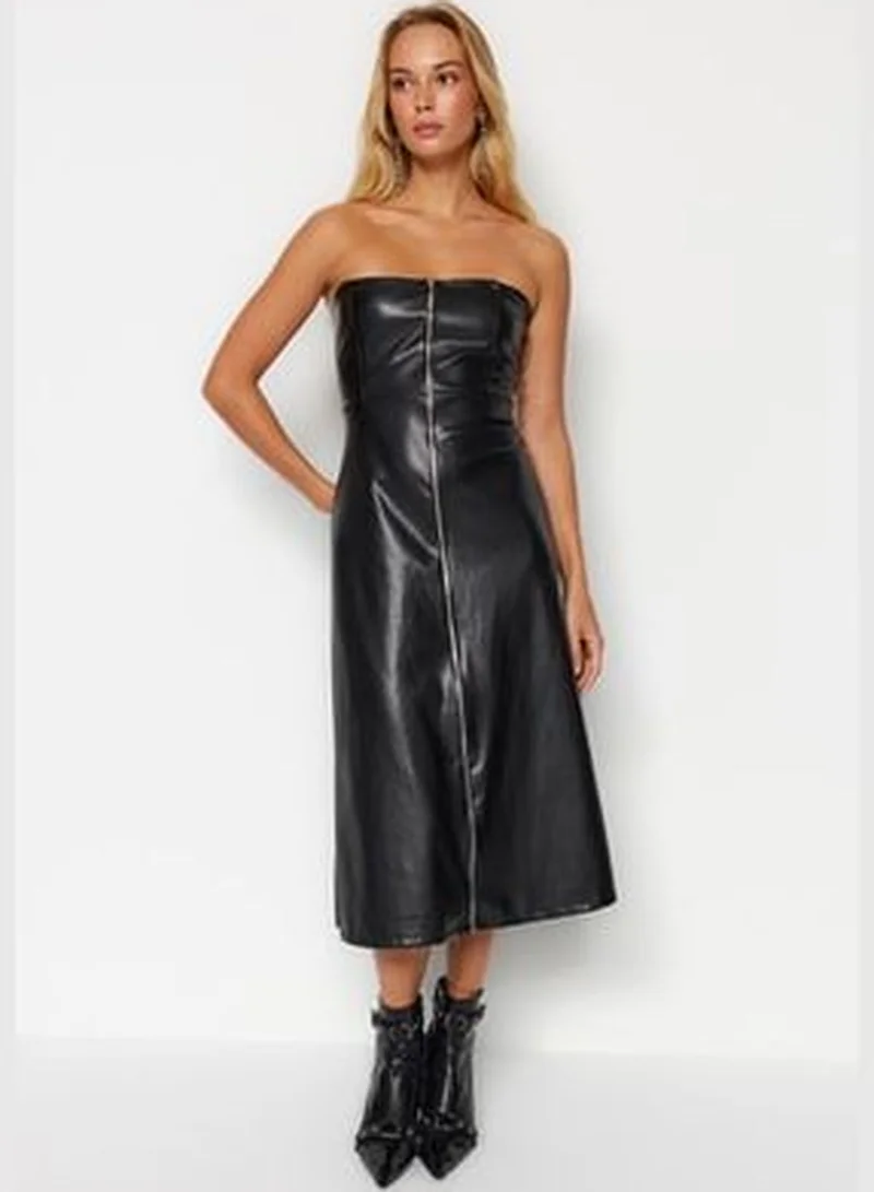 trendyol Black Rayon Faux Leather Strapless Front Zipper Midi Knit Dress TWOAW24EL00373