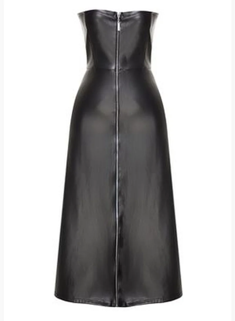 trendyol Black Rayon Faux Leather Strapless Front Zipper Midi Knit Dress TWOAW24EL00373