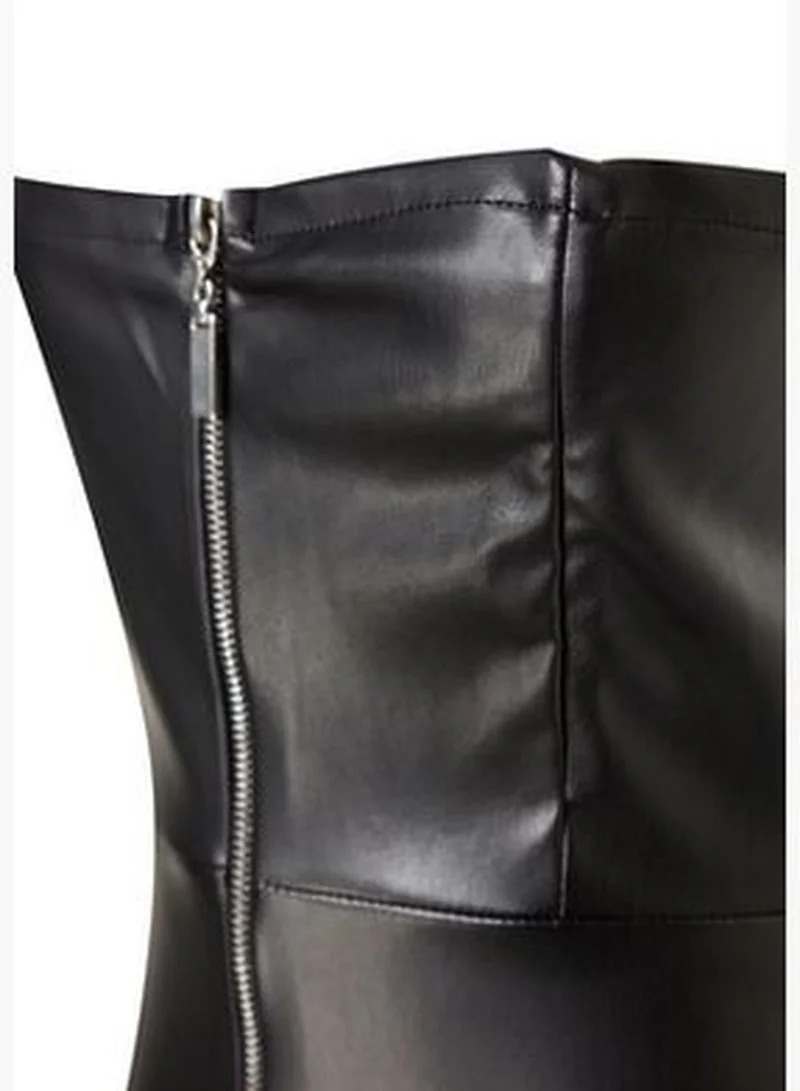 trendyol Black Rayon Faux Leather Strapless Front Zipper Midi Knit Dress TWOAW24EL00373