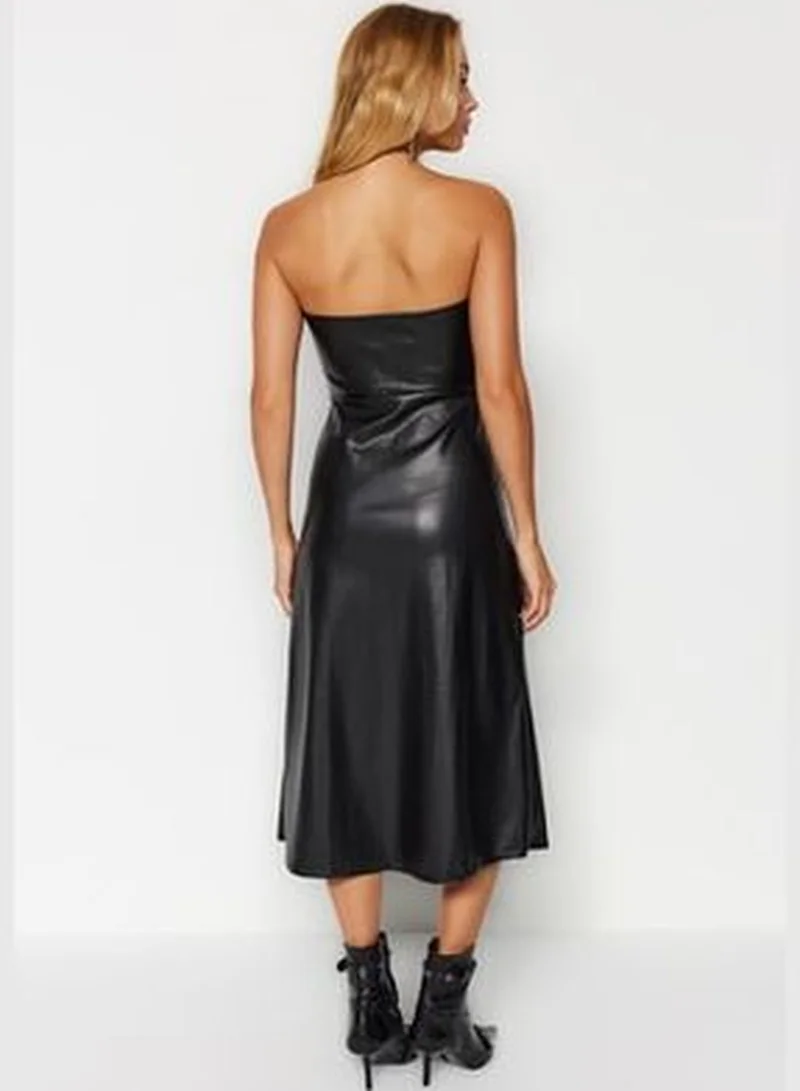 trendyol Black Rayon Faux Leather Strapless Front Zipper Midi Knit Dress TWOAW24EL00373