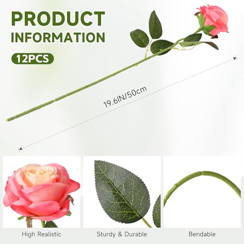 Tifuly Pink Roses Artificial Flowers -12 pcs Realistic Single Long Stem Fake Silk Roses Bouquet for Party Home Wedding Centerpiece Office DIY Decor - Image 2