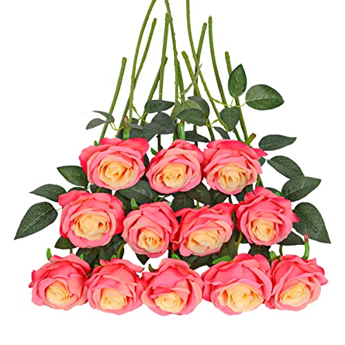 Tifuly Pink Roses Artificial Flowers -12 pcs Realistic Single Long Stem Fake Silk Roses Bouquet for Party Home Wedding Centerpiece Office DIY Decor - Image 1