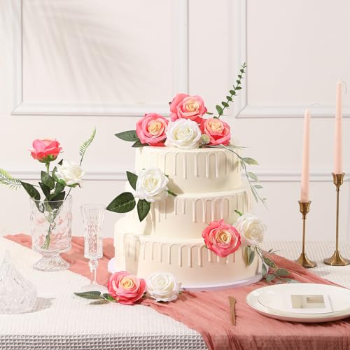 Tifuly Pink Roses Artificial Flowers -12 pcs Realistic Single Long Stem Fake Silk Roses Bouquet for Party Home Wedding Centerpiece Office DIY Decor - Image 4