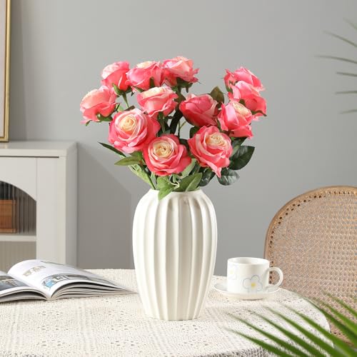 Tifuly Pink Roses Artificial Flowers -12 pcs Realistic Single Long Stem Fake Silk Roses Bouquet for Party Home Wedding Centerpiece Office DIY Decor - Image 3