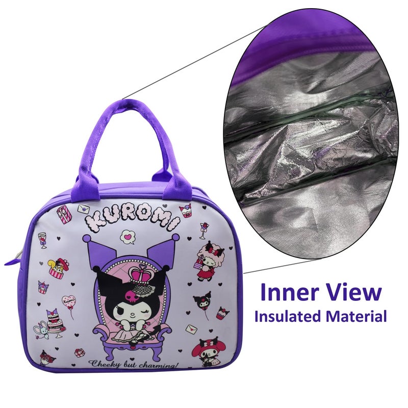 Asera Polycotton Insulated Lunch Bag for Kids, Tiffin Bag for Office/College/School, Lightweight, Durable Handles, Multiple Pockets (Kuromi 1 Pc), 1 Liters - Image 2