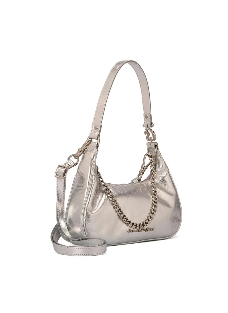 Carmen Steffens Half-Moon Silver Leather Bag with Chain