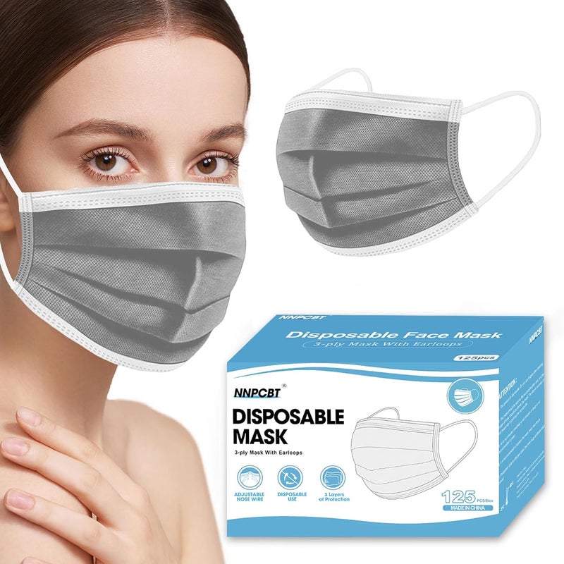 NNPCBT Grey Disposable Face Masks 125 Pack,3-Ply Breathable Mask For Adults,Great For Outdoors,Home, Office, School - Image 1