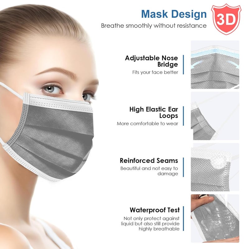 NNPCBT Grey Disposable Face Masks 125 Pack,3-Ply Breathable Mask For Adults,Great For Outdoors,Home, Office, School - Image 3