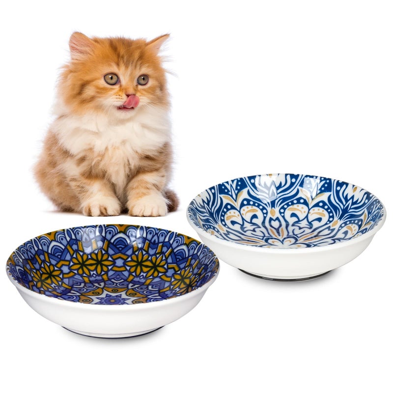 HAPPY KIT Ceramic Cat Food Bowl, Non-Slip Whisker Fatigue Cats Bowl, 5.75â€ Shallow Dish for Indoor, Boho Whisker Friendly Cat Bowls, Small Kitten Plates with Silicone Bottom - Image 1