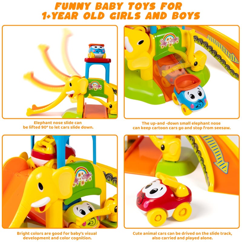 Marstone Toddler Toys for 1 2 Year Old Boys and Girls Gifts: Educational Elephant Slide with 4 Animal Car Toys for Baby 12-18 Months, First Birthday Gifts for Kids, Learning Push Truck Tracks Age 1-2 - Image 2
