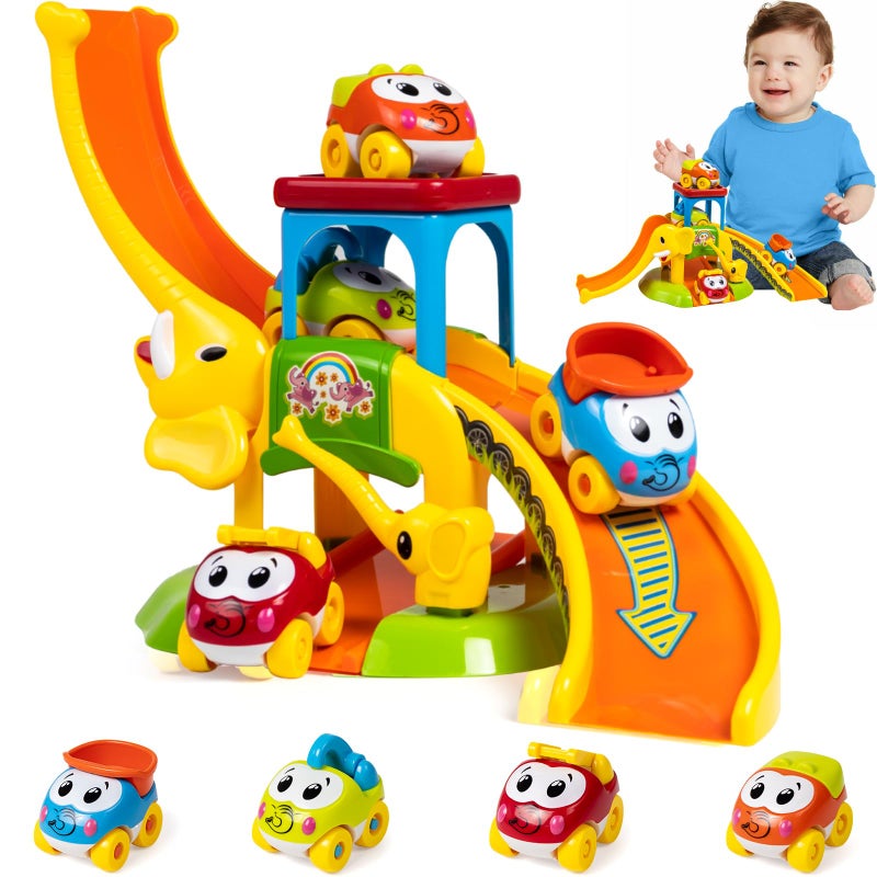 Marstone Toddler Toys for 1 2 Year Old Boys and Girls Gifts: Educational Elephant Slide with 4 Animal Car Toys for Baby 12-18 Months, First Birthday Gifts for Kids, Learning Push Truck Tracks Age 1-2 - Image 1