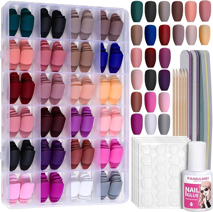 FANDAMEI 24 Packs 576PCS Matte Press on Nails Medium Length FANDAMEI Medium Coffin Fake Nails Full Cover Acrylic Short Ballerina False Nail tips with Nail Glue Nail Adhesive Tabs Nail File for Nail Art DIY - Image 1
