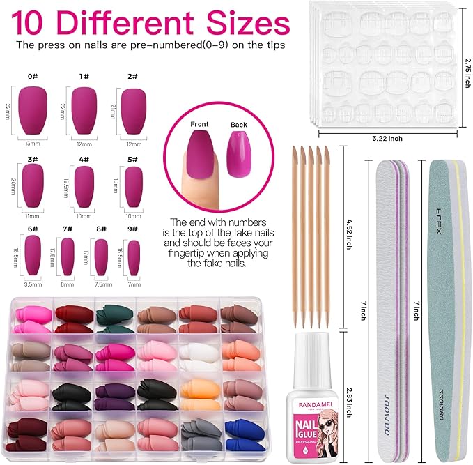 FANDAMEI 24 Packs 576PCS Matte Press on Nails Medium Length FANDAMEI Medium Coffin Fake Nails Full Cover Acrylic Short Ballerina False Nail tips with Nail Glue Nail Adhesive Tabs Nail File for Nail Art DIY - Image 2