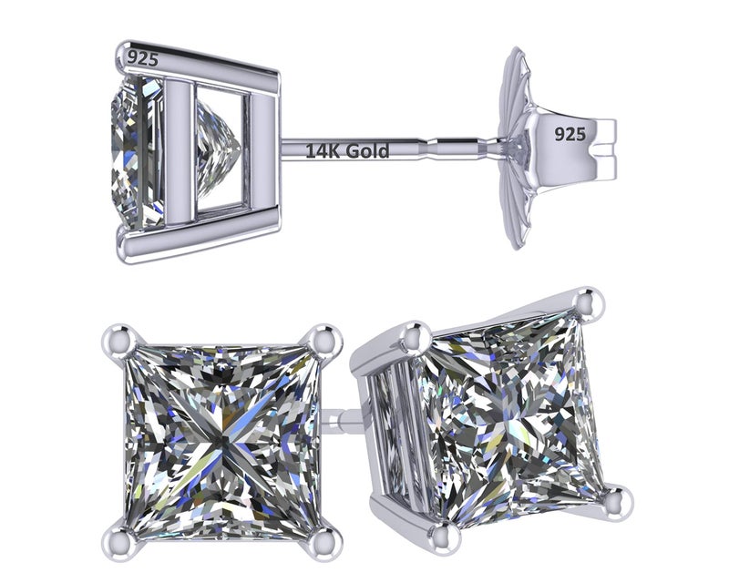 Central Diamond Center 14K Gold Posts & Sterling Silver Princess Cut CZ Stud Earrings - 5.5mm 2.00cttw - Platinum Plated - Image 1