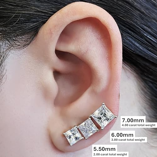 Central Diamond Center 14K Gold Posts & Sterling Silver Princess Cut CZ Stud Earrings - 5.5mm 2.00cttw - Platinum Plated - Image 3