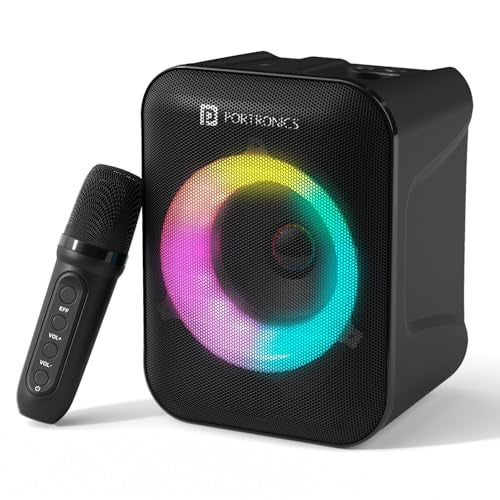 Portronics Apollo One 20W سماعة بلوتوث محمولة لاسلكية مع ميكروفون كاريوكي لاسلكي، وقت تشغيل 5 ساعات، إضاءة LED RGB، بلوتوث V5.3، مقبض سهل الحمل، USB/AUX in/TF Card، شحن Type C (أسود) - Image 1