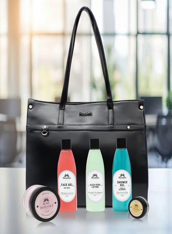 روزيتا مجموعة هدايا التجميل روزيتا 6 في 1 للنساء | حقيبة يد سوداء أنيقة مع جل للوجه، لوشن الصبار، جل استحمام، ملح استحمام ومرطب شفاه | مجموعة سبا فاخرة. - Image 1