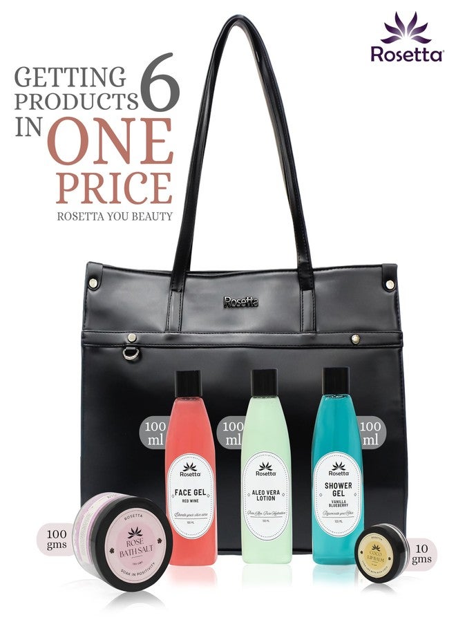 روزيتا مجموعة هدايا التجميل روزيتا 6 في 1 للنساء | حقيبة يد سوداء أنيقة مع جل للوجه، لوشن الصبار، جل استحمام، ملح استحمام ومرطب شفاه | مجموعة سبا فاخرة. - Image 2