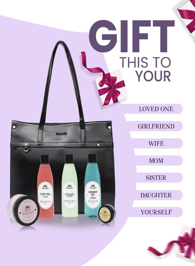 روزيتا مجموعة هدايا التجميل روزيتا 6 في 1 للنساء | حقيبة يد سوداء أنيقة مع جل للوجه، لوشن الصبار، جل استحمام، ملح استحمام ومرطب شفاه | مجموعة سبا فاخرة. - Image 3