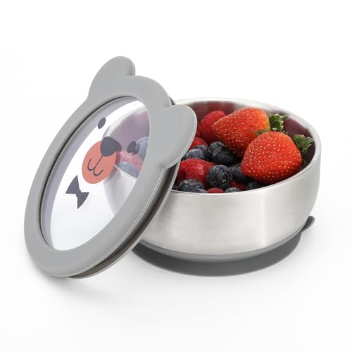 MR. CHOU MR CHOU Baby Bowls with NonSlip Silicone Suction Cup Insulated DoubleLayer 188 Stainless Steel Toddler Bowls with BPA Free Airtight Lids FoodGrade Silicone Safe for Kids Gray - Image 1