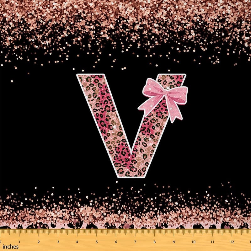Pink Leopard Print Upholstery Fabric for Chairs Alphabet Letter V Bow Fabric by The Yard 109"x63", Cottagecore Coquette Aesthetic Princess Monogrammed Personalized Sewing Fabric DIY Projects - Image 1
