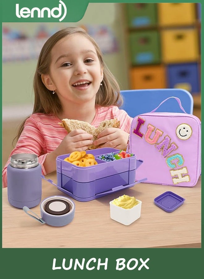 LENND Lunch Box for Girls with 350ml Thermo, with 6 Compartment Bento Box, Purple Nylon Insulated Lunch Bag Adjustable Strap for Girl Kids Teens School Travel Picnic - Image 4