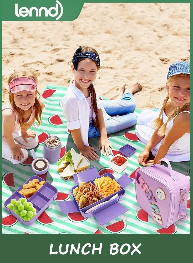 LENND Lunch Box for Girls with 350ml Thermo, with 6 Compartment Bento Box, Purple Nylon Insulated Lunch Bag Adjustable Strap for Girl Kids Teens School Travel Picnic - Image 2