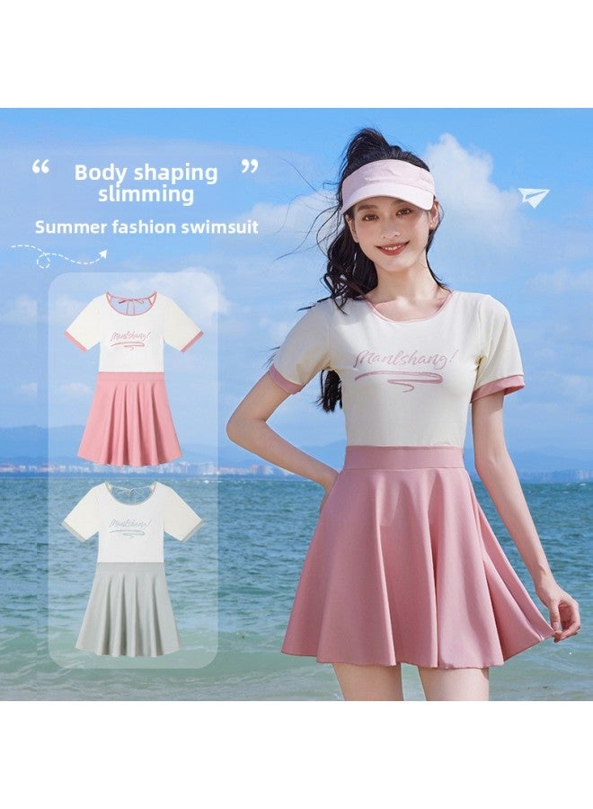 إسكدنيا ملابس سباحة مانليشان للسيدات قطعة واحدة مقاس كبير تنورة على شكل حرف A سوينغ للتنحيف عالية الخصر ملابس سباحة للفنادق ربيع حار - اللون: وردي فاتح - - Image 2