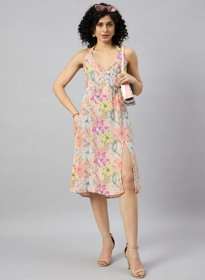 Kuwarii Floral Knee Length Dress with Slit Hem