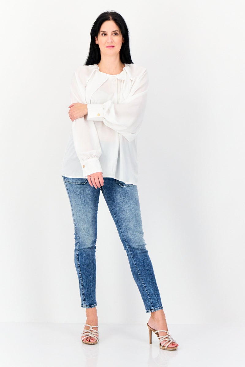 KOTON Women Round Neck Solid Long Sleeves Blouse, White - Image 4