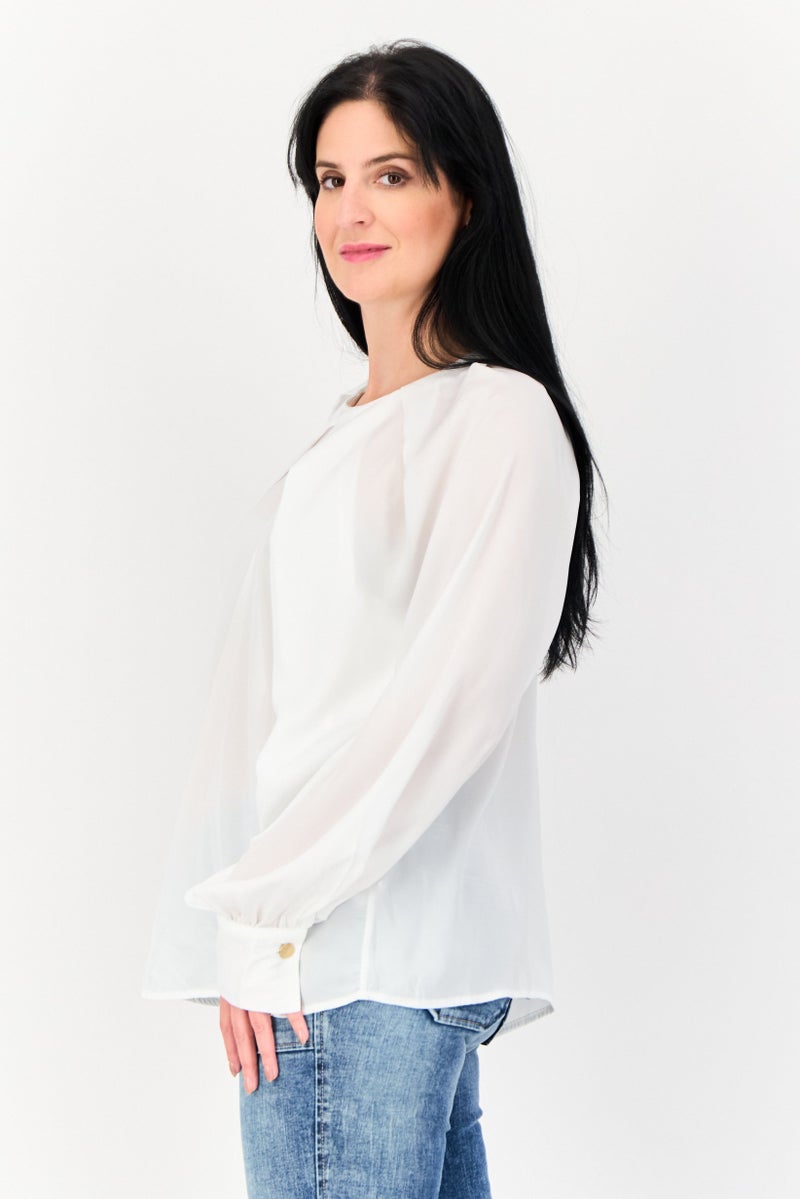 KOTON Women Round Neck Solid Long Sleeves Blouse, White - Image 2