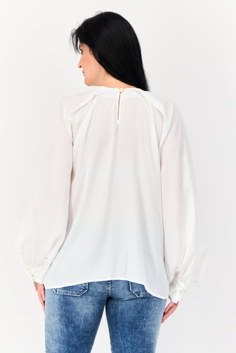 KOTON Women Round Neck Solid Long Sleeves Blouse, White - Image 3