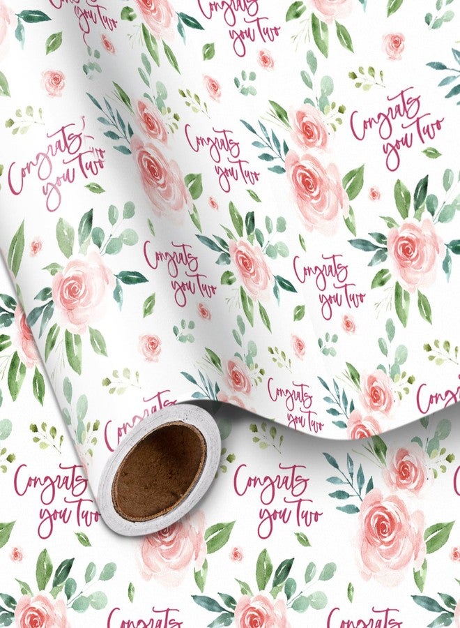 LeZakaa Wedding Floral Wrapping Paper Roll, Pink Rose, Congrats You Two Blessing Text Gift Wrap for Wedding Bridal Shower Engagement Anniversary Valentines, Pink, Mini Roll, 17 In x 16.4 Ft - Image 1